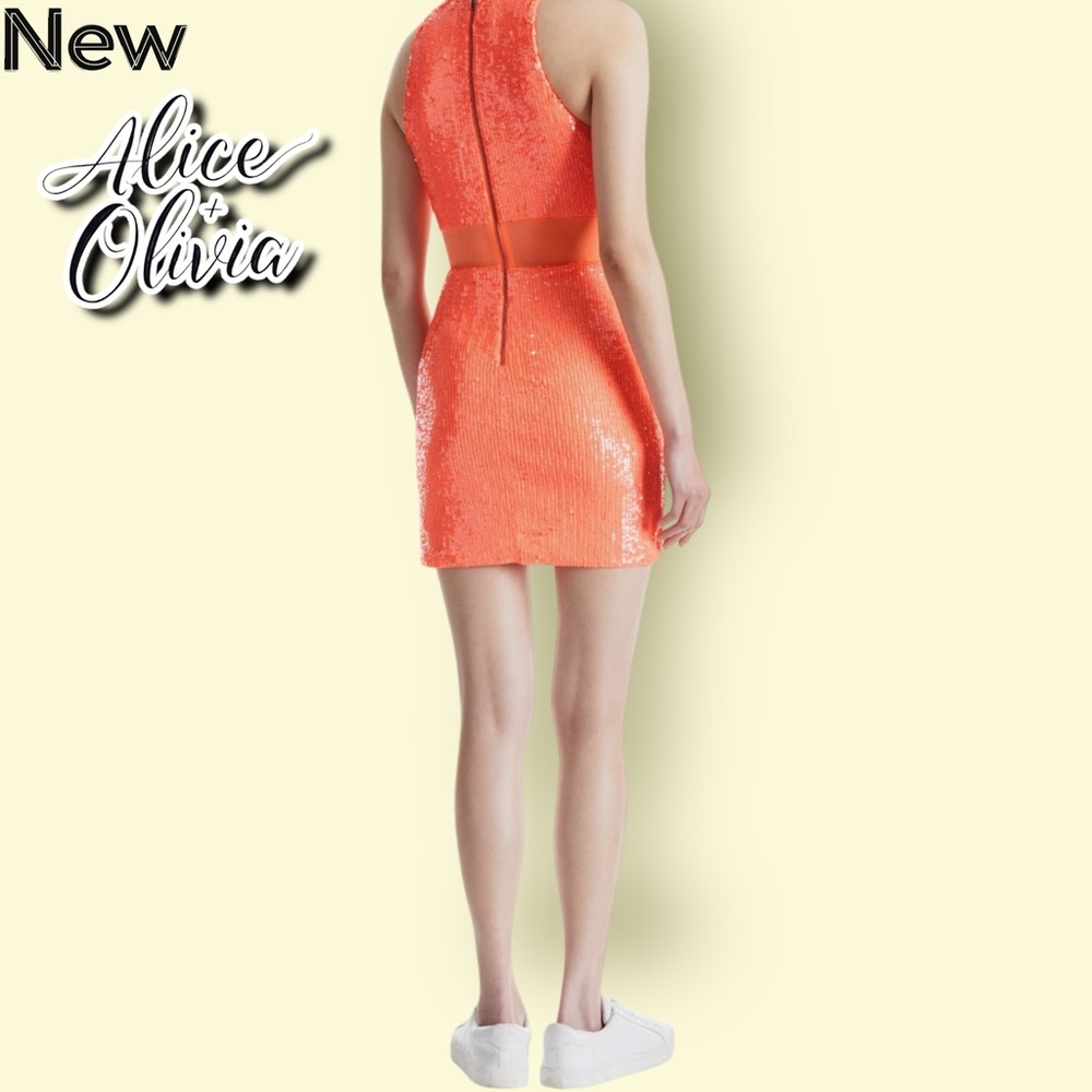 New Alice + Olivia Cara Sequin Mesh Inset Minidress Bright Coral - Picture 5 of 7